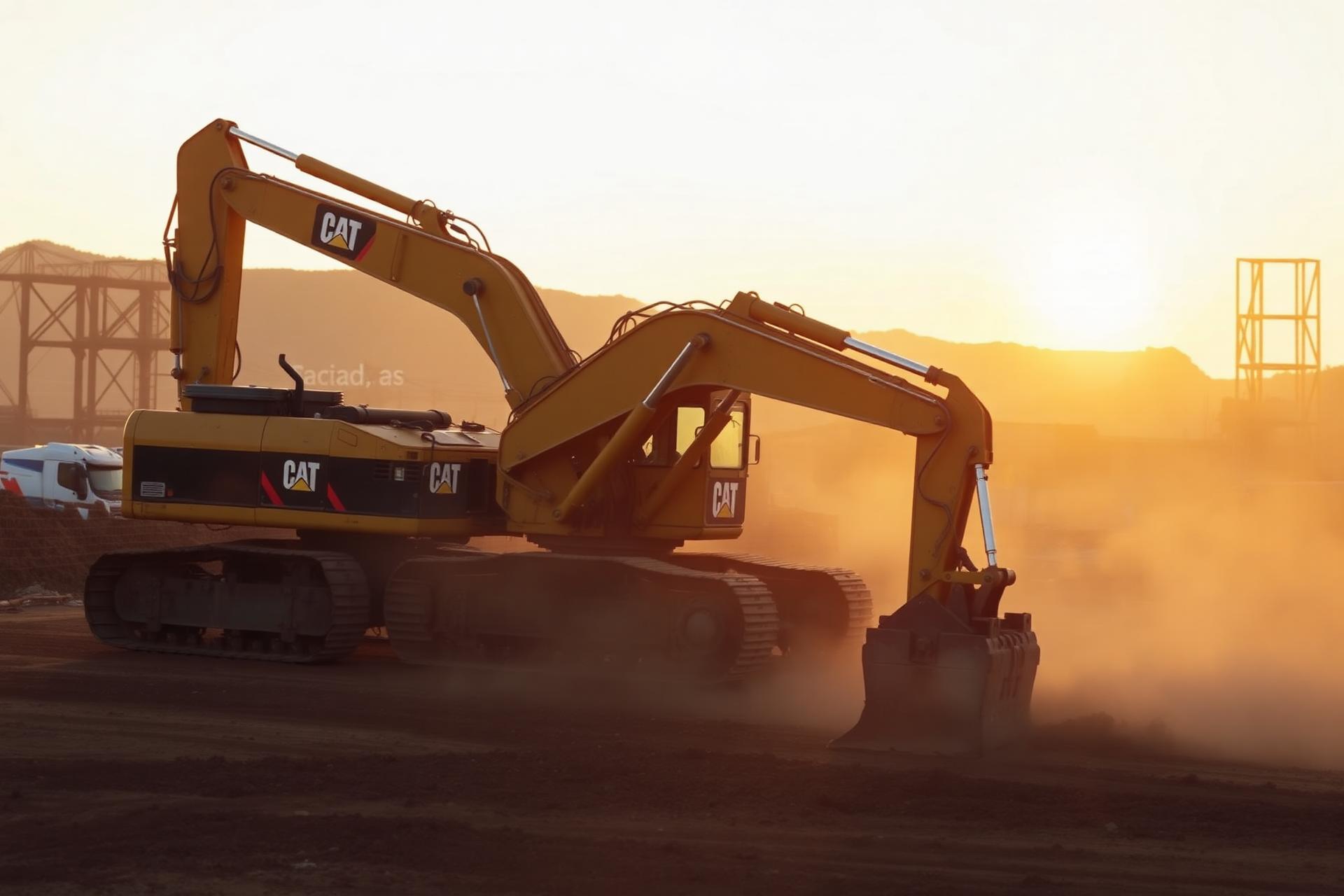 Yellow excavator working on a South African construction site at sunset